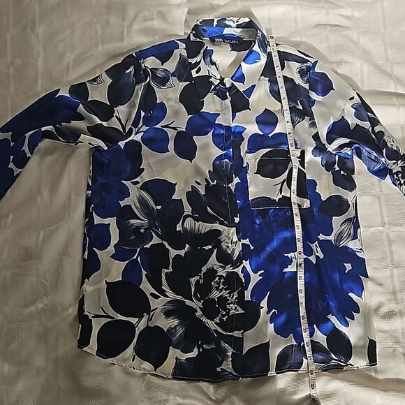 Zara Floral Button-Down Long Sleeves Shirt Large Royal Blue & White - Picture 9 of 16